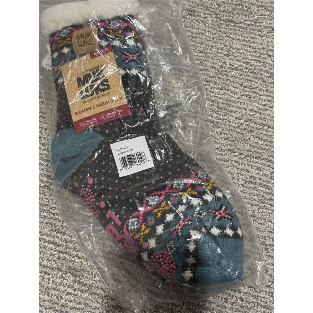 Muk Luks Women's Patterned Cabin Socks in Teal, Pink & Black
